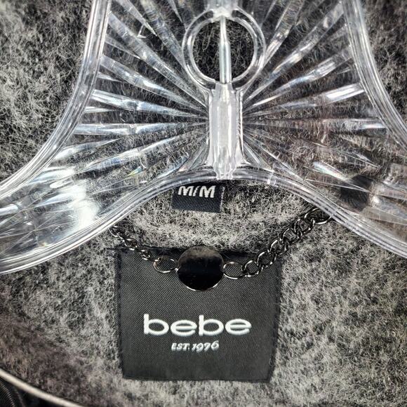 BEBE GRAY TWO TONE WOOL BLEND WRAP COAT Sz Medium Hooded Pockets Snap Button - Picture 3 of 12